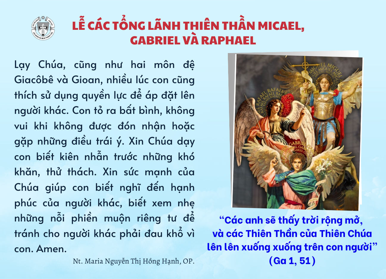 Thứ Hai - Lễ Tổng lãnh Thiên Thần Mical, Grabriel, Raphael