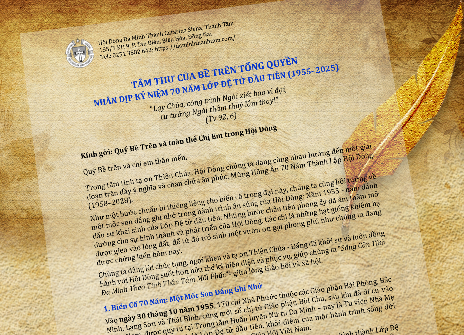 Tâm thư của Bề trên Tổng quyền nhân dịp kỷ niệm 70 năm lớp Đệ tử đầu tiên (1955 - 2025)